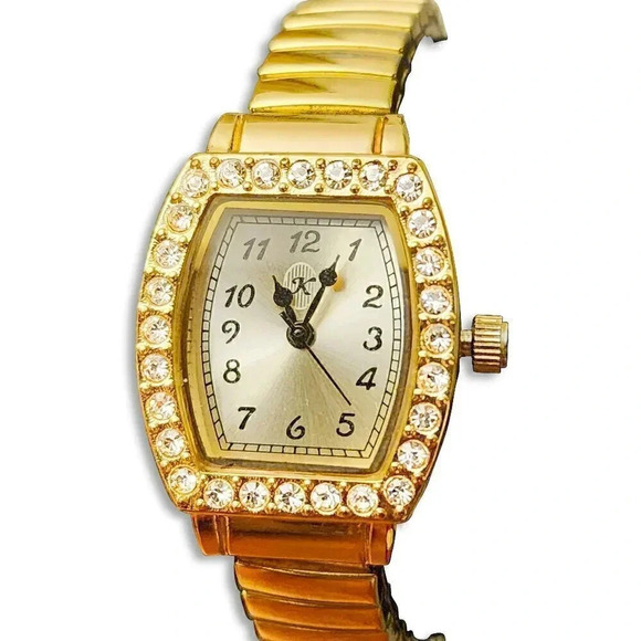 American Vintage Accessories - GOLD TONE WOMENS FASHION RECTANGULAR RHINESTONE BEZEL WATCH